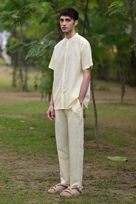 Raas Life_Yellow Linen, Cotton Band Collar Shirt _Online_at_Aza_Fashions