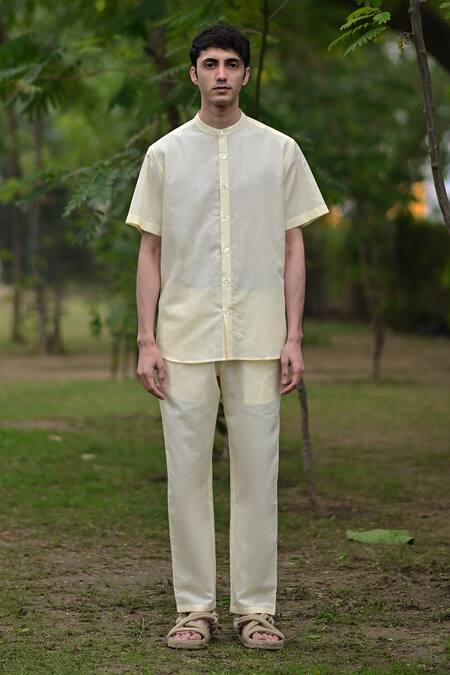 Buy_Raas Life_Yellow Linen, Cotton Band Collar Shirt _Online_at_Aza_Fashions