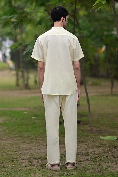 Shop_Raas Life_Yellow Linen, Cotton Band Collar Shirt _at_Aza_Fashions