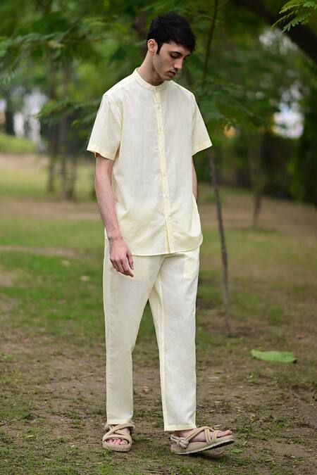 Shop_Raas Life_Yellow Linen, Cotton Band Collar Shirt _Online_at_Aza_Fashions
