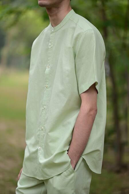 Buy_RAAS LIFE_Green Linen Cotton Solid Band Collar Shirt _Online_at_Aza_Fashions