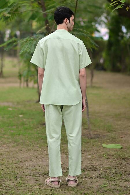 Shop_RAAS LIFE_Green Linen Cotton Solid Band Collar Shirt _at_Aza_Fashions