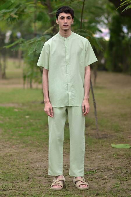 Shop_RAAS LIFE_Green Linen Cotton Solid Band Collar Shirt _Online_at_Aza_Fashions