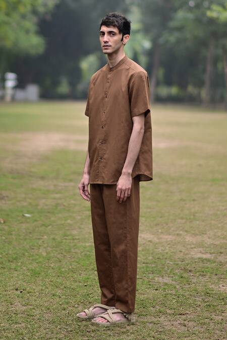 Raas Life_Brown Linen, Cotton Woven Shirt And Pant Set _Online_at_Aza_Fashions