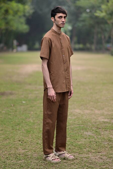 Raas Life_Brown Linen, Cotton Woven Shirt And Pant Set _at_Aza_Fashions