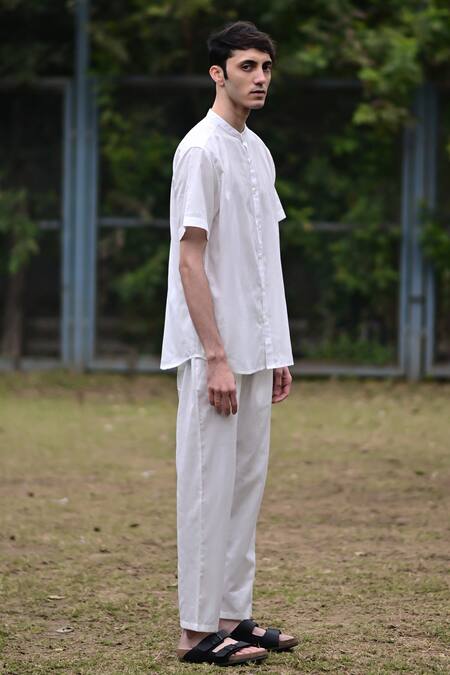 Shop RAAS LIFE White Linen, Cotton Solid Shirt And Pant Set Online at Aza Fashions Shop_RAAS LIFE_White Linen, Cotton Solid Shirt And Pant Set _Online_at_Aza_Fashions