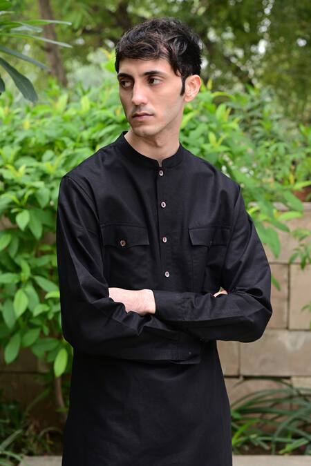 Buy_RAAS LIFE_Black Linen, Cotton Solid Woven Kurta Set _Online_at_Aza_Fashions