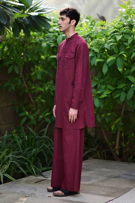 Shop RAAS LIFE Burgundy Linen, Cotton Woven Kurta Set Online at Aza Fashions Shop_RAAS LIFE_Burgundy Linen, Cotton Woven Kurta Set _Online_at_Aza_Fashions