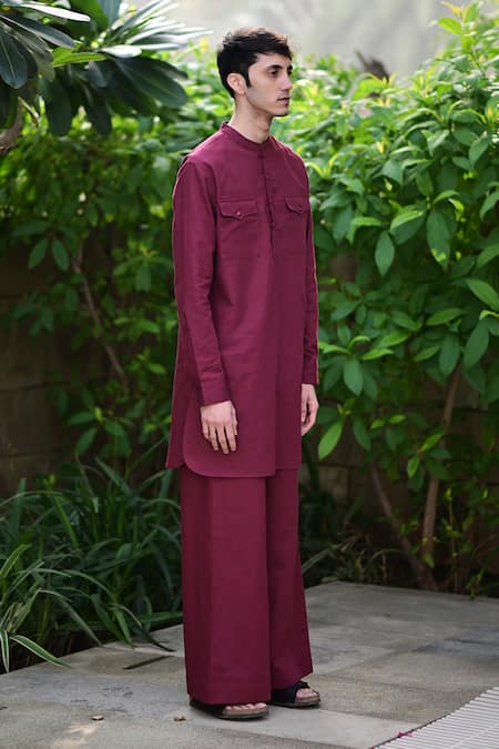 RAAS LIFE Burgundy Linen, Cotton Woven Kurta Set at Aza Fashions RAAS LIFE_Burgundy Linen, Cotton Woven Kurta Set _at_Aza_Fashions