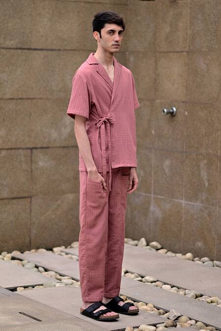RAAS LIFE Pink Linen, Cotton Checkered Wrap Shirt Set Online at Aza Fashions RAAS LIFE_Pink Linen, Cotton Checkered Wrap Shirt Set _Online_at_Aza_Fashions