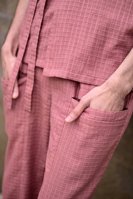 Buy RAAS LIFE Pink Linen, Cotton Checkered Wrap Shirt Set Online at Aza Fashions Buy_RAAS LIFE_Pink Linen, Cotton Checkered Wrap Shirt Set _Online_at_Aza_Fashions