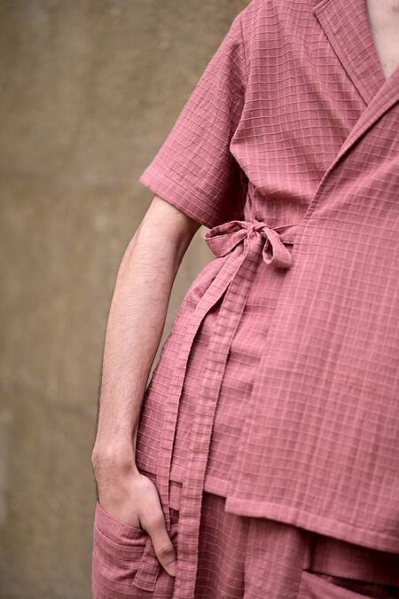 Shop RAAS LIFE Pink Linen, Cotton Checkered Wrap Shirt Set Online at Aza Fashions Shop_RAAS LIFE_Pink Linen, Cotton Checkered Wrap Shirt Set _Online_at_Aza_Fashions