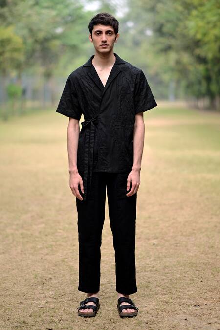 Buy_RAAS LIFE_Black Linen Embroidery Dori Wrap Shirt _Online_at_Aza_Fashions