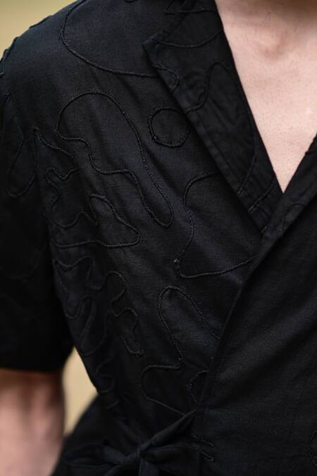 Shop_RAAS LIFE_Black Linen Embroidery Dori Wrap Shirt _Online_at_Aza_Fashions