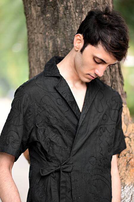 RAAS LIFE_Black Linen Embroidery Dori Wrap Shirt _at_Aza_Fashions