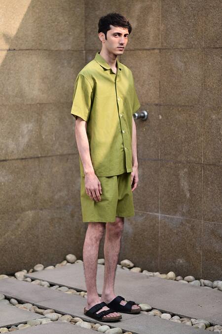 Shop_RAAS LIFE_Green Linen, Cotton Olive Shirt And Shorts Set _Online_at_Aza_Fashions