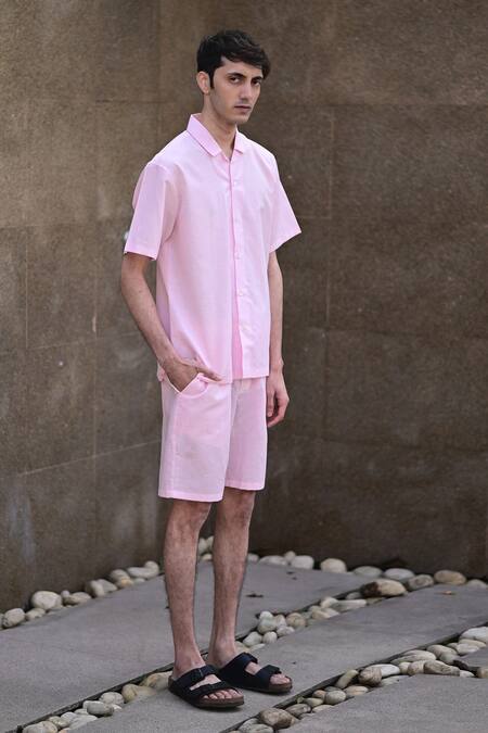 Shop_RAAS LIFE_Pink Linen, Cotton Half Sleeve Shirt And Shorts Set _Online_at_Aza_Fashions