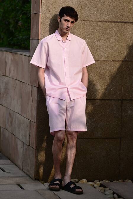 RAAS LIFE_Pink Linen, Cotton Half Sleeve Shirt And Shorts Set _at_Aza_Fashions
