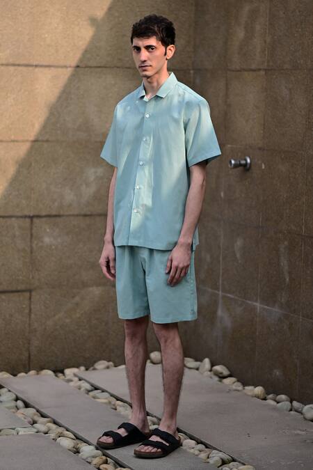 RAAS LIFE Blue Linen, Cotton Solid Shirt And Shorts Set Online at Aza Fashions RAAS LIFE_Blue Linen, Cotton Solid Shirt And Shorts Set _Online_at_Aza_Fashions