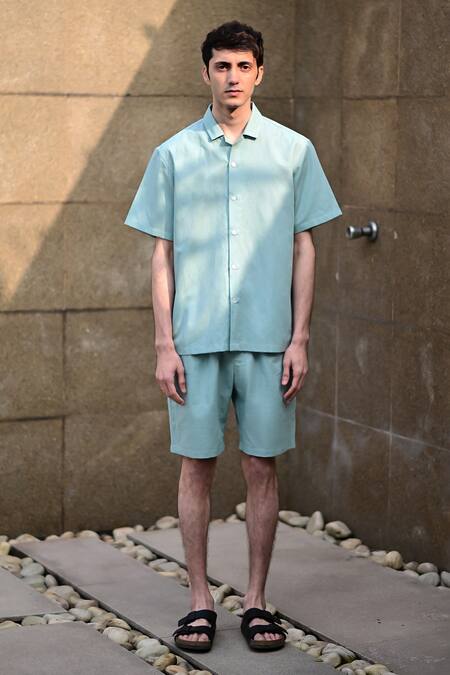 Buy RAAS LIFE Blue Linen, Cotton Solid Shirt And Shorts Set Online at Aza Fashions Buy_RAAS LIFE_Blue Linen, Cotton Solid Shirt And Shorts Set _Online_at_Aza_Fashions