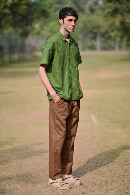 RAAS LIFE_Green Linen, Cotton Embroidery Elephant Pattern Shirt _Online_at_Aza_Fashions