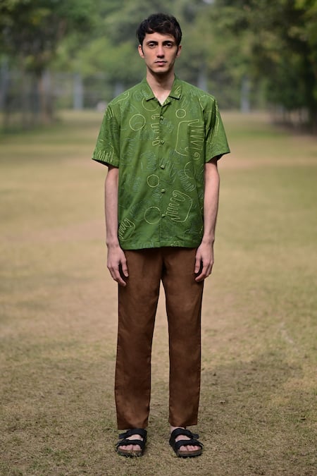 Buy_RAAS LIFE_Green Linen, Cotton Embroidery Elephant Pattern Shirt _Online_at_Aza_Fashions