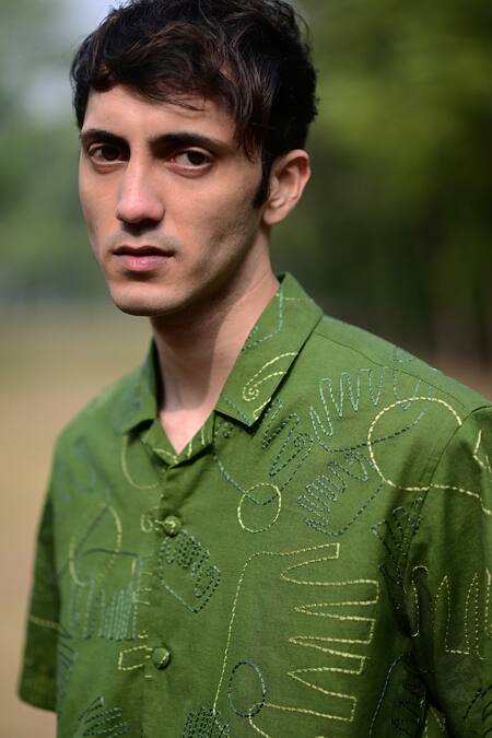 Shop_RAAS LIFE_Green Linen, Cotton Embroidery Elephant Pattern Shirt _Online_at_Aza_Fashions