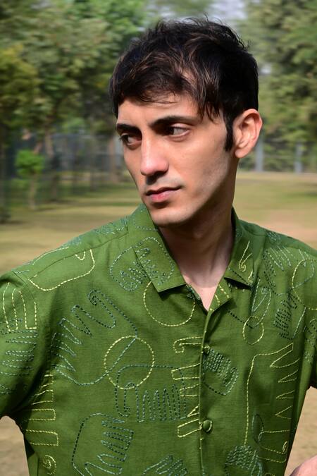 RAAS LIFE_Green Linen, Cotton Embroidery Elephant Pattern Shirt _at_Aza_Fashions