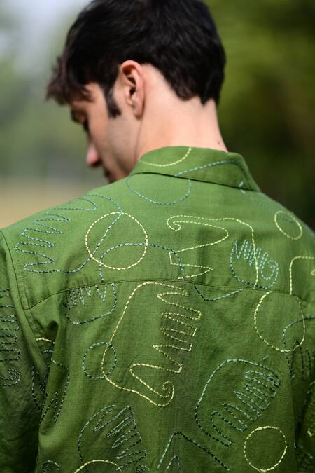 Buy_RAAS LIFE_Green Linen, Cotton Embroidery Elephant Pattern Shirt 