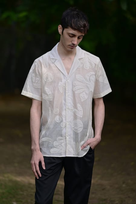 Raas Life_Cream Linen, Cotton Embroidery Floral Applique Shirt _Online_at_Aza_Fashions