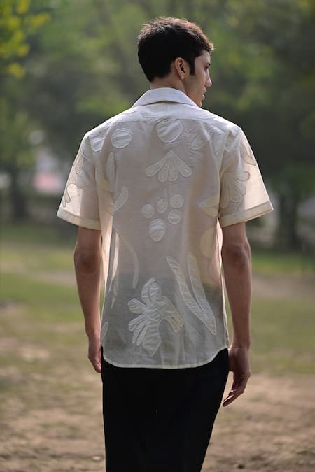 Shop_Raas Life_Cream Linen, Cotton Embroidery Floral Applique Shirt _at_Aza_Fashions
