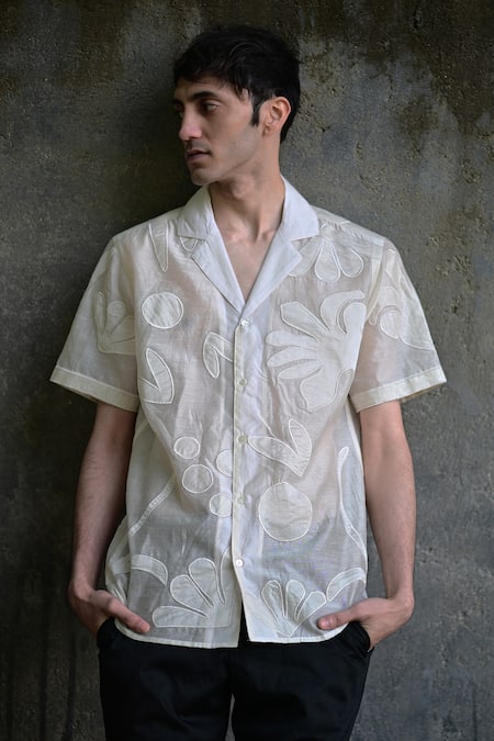 Buy_Raas Life_Cream Linen, Cotton Embroidery Floral Applique Shirt _Online_at_Aza_Fashions