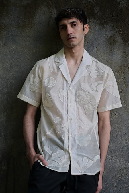 Raas Life_Cream Linen, Cotton Embroidery Floral Applique Shirt _at_Aza_Fashions