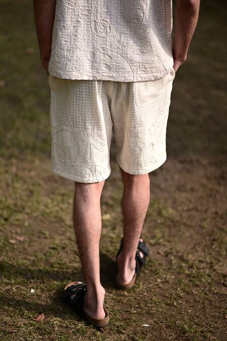RAAS LIFE_Cream Cotton Embroidery Checkered Woven Shirt And Shorts Set _Online_at_Aza_Fashions