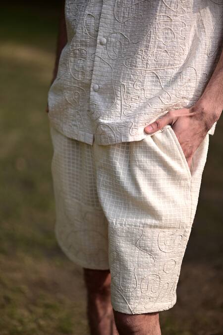 Shop_RAAS LIFE_Cream Cotton Embroidery Checkered Woven Shirt And Shorts Set _Online_at_Aza_Fashions