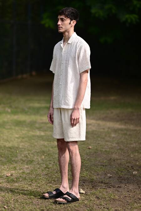 RAAS LIFE_Cream Cotton Embroidery Checkered Woven Shirt And Shorts Set _at_Aza_Fashions