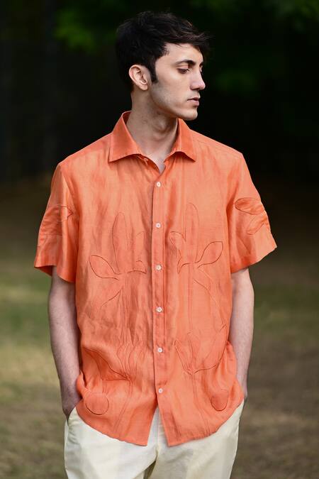 Raas Life_Orange Cotton, Silk Applique Floral Shirt _Online_at_Aza_Fashions