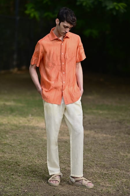 Shop_Raas Life_Orange Cotton, Silk Applique Floral Shirt _at_Aza_Fashions