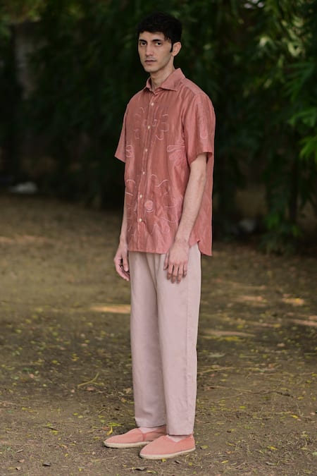 Shop RAAS LIFE Pink Cotton, Silk Applique Flower Embroidered Shirt at Aza Fashions Shop_RAAS LIFE_Pink Cotton, Silk Applique Flower Embroidered Shirt _at_Aza_Fashions
