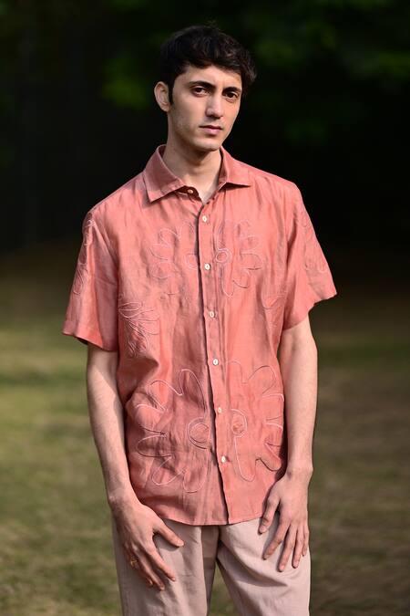 RAAS LIFE Pink Cotton, Silk Applique Flower Embroidered Shirt Online at Aza Fashions RAAS LIFE_Pink Cotton, Silk Applique Flower Embroidered Shirt _Online_at_Aza_Fashions