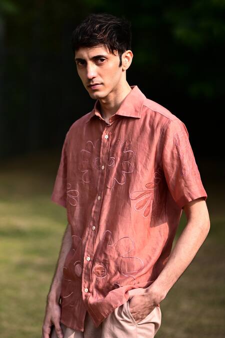 Shop RAAS LIFE Pink Cotton, Silk Applique Flower Embroidered Shirt Online at Aza Fashions Shop_RAAS LIFE_Pink Cotton, Silk Applique Flower Embroidered Shirt _Online_at_Aza_Fashions