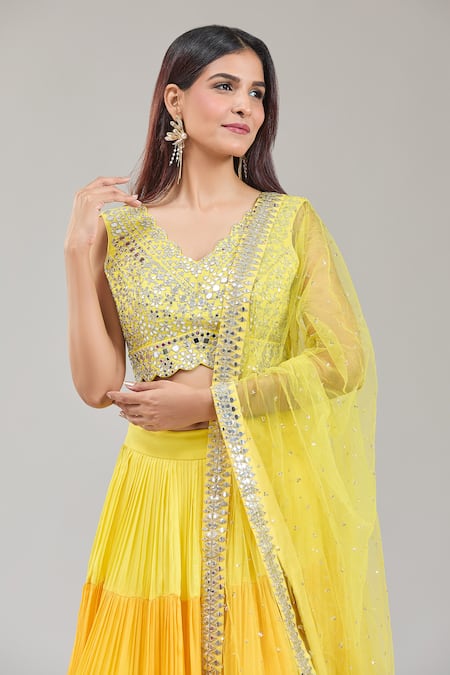 Kriti Bapna Yellow Silk, Viscose, Net Sequins, Mirrors V-neck And Orange Shaded Lehenga Set Online at Aza Fashions Kriti Bapna_Yellow Silk, Viscose, Net Sequins, Mirrors V-neck And Orange Shaded Lehenga Set _Online_at_Aza_Fashions
