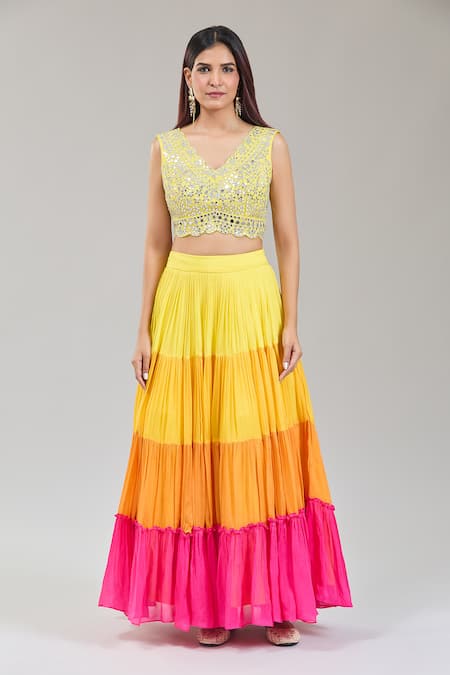 Buy Kriti Bapna Yellow Silk, Viscose, Net Sequins, Mirrors V-neck And Orange Shaded Lehenga Set Online at Aza Fashions Buy_Kriti Bapna_Yellow Silk, Viscose, Net Sequins, Mirrors V-neck And Orange Shaded Lehenga Set _Online_at_Aza_Fashions