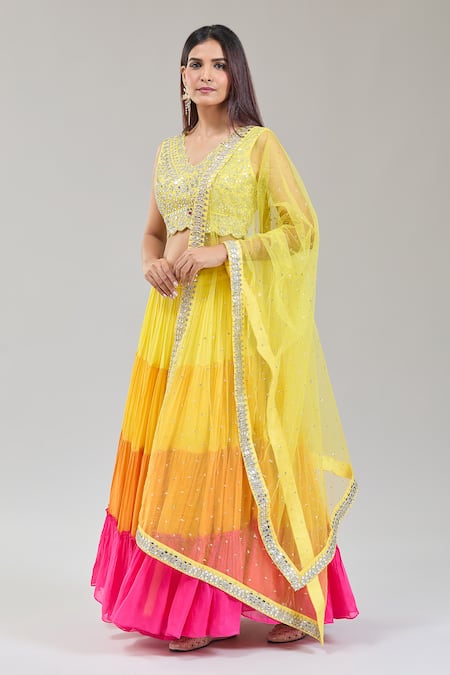 Kriti Bapna Yellow Silk, Viscose, Net Sequins, Mirrors V-neck And Orange Shaded Lehenga Set at Aza Fashions Kriti Bapna_Yellow Silk, Viscose, Net Sequins, Mirrors V-neck And Orange Shaded Lehenga Set _at_Aza_Fashions