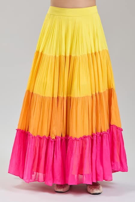 Buy Kriti Bapna Yellow Silk, Viscose, Net Sequins, Mirrors V-neck And Orange Shaded Lehenga Set Buy_Kriti Bapna_Yellow Silk, Viscose, Net Sequins, Mirrors V-neck And Orange Shaded Lehenga Set