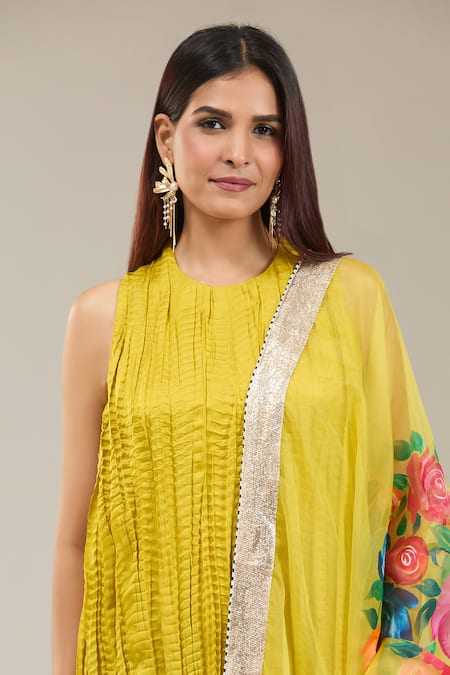 Buy_Kriti Bapna_Green Cotton, Organza, Satin Round Neck Lime Crushed Kurta Pant Set _Online_at_Aza_Fashions