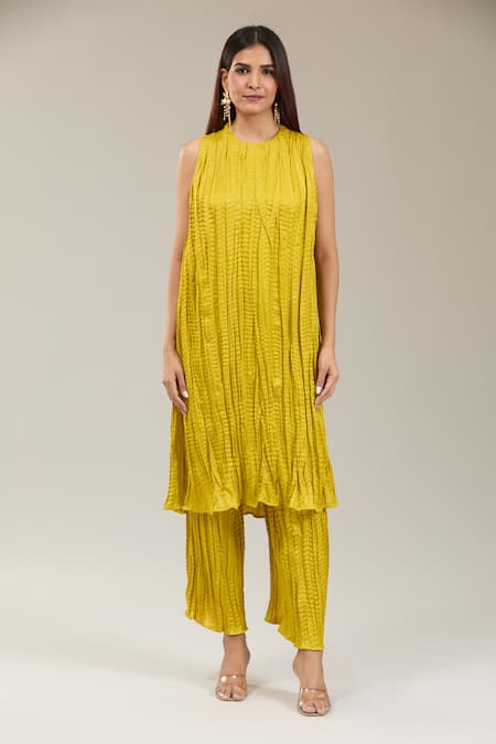 Shop_Kriti Bapna_Green Cotton, Organza, Satin Round Neck Lime Crushed Kurta Pant Set _Online_at_Aza_Fashions