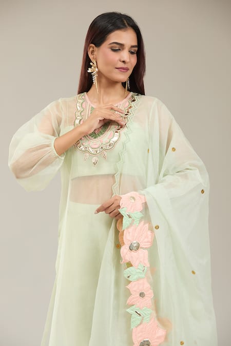 Buy_Kriti Bapna_Green Organza, Silk Embroidery, Applique Round Neck Mint Kurta Pant Set _Online_at_Aza_Fashions