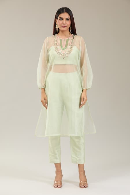Shop_Kriti Bapna_Green Organza, Silk Embroidery, Applique Round Neck Mint Kurta Pant Set _Online_at_Aza_Fashions