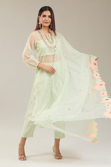 Kriti Bapna_Green Organza, Silk Embroidery, Applique Round Neck Mint Kurta Pant Set _at_Aza_Fashions